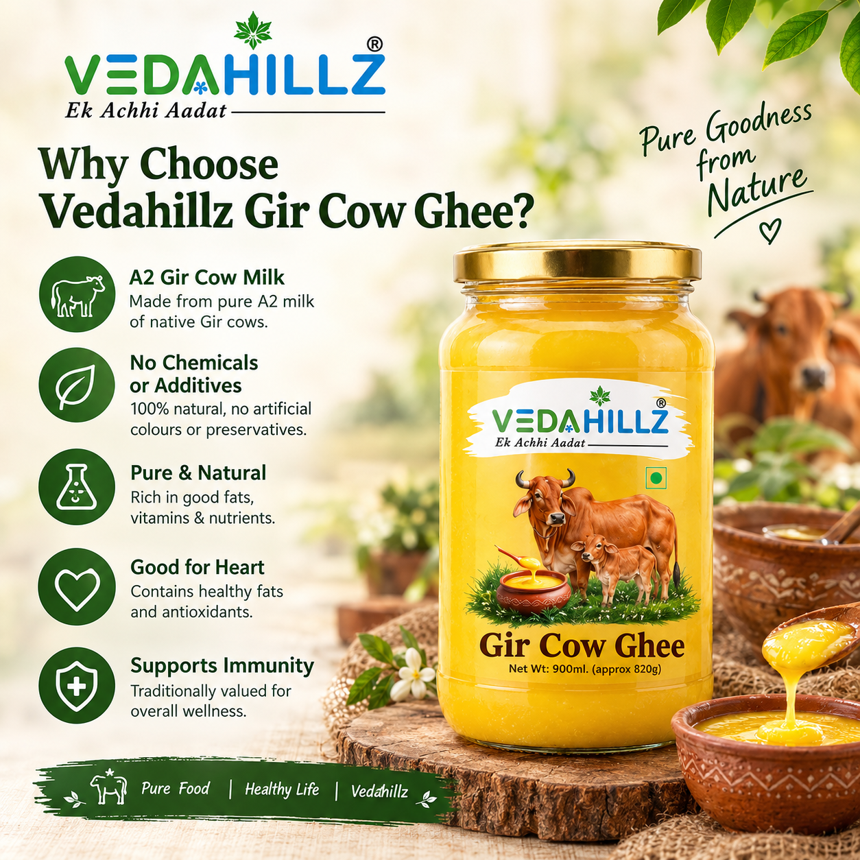Vedahillz A2 Gir Cow Ghee | Bilona Churned Pure Desi Ghee